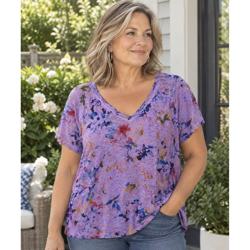 NEW LOGO Lori Goldstein XL Purple Floral Distressed Cotton Slub Tunic Top